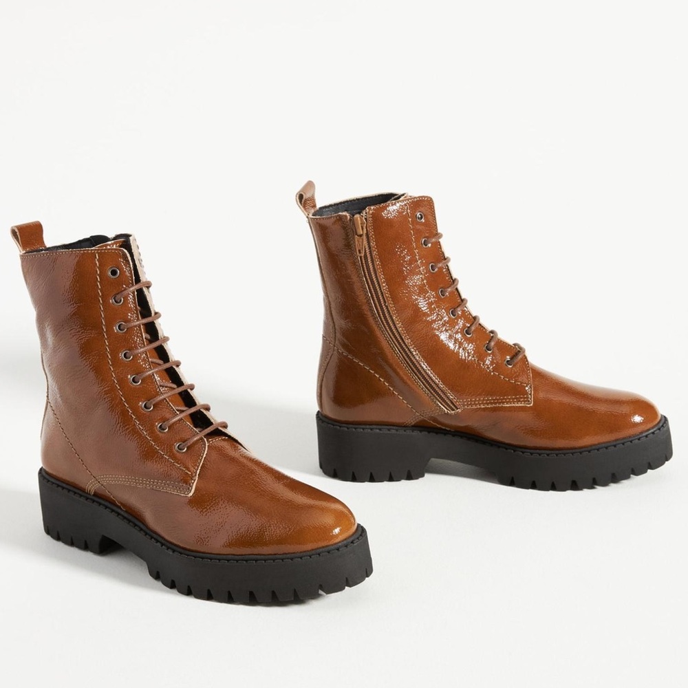 ANTHROPOLOGIE 41 NEW MAEVE 10 Roble Patent Leather Lace Up Boots Brown Caramel